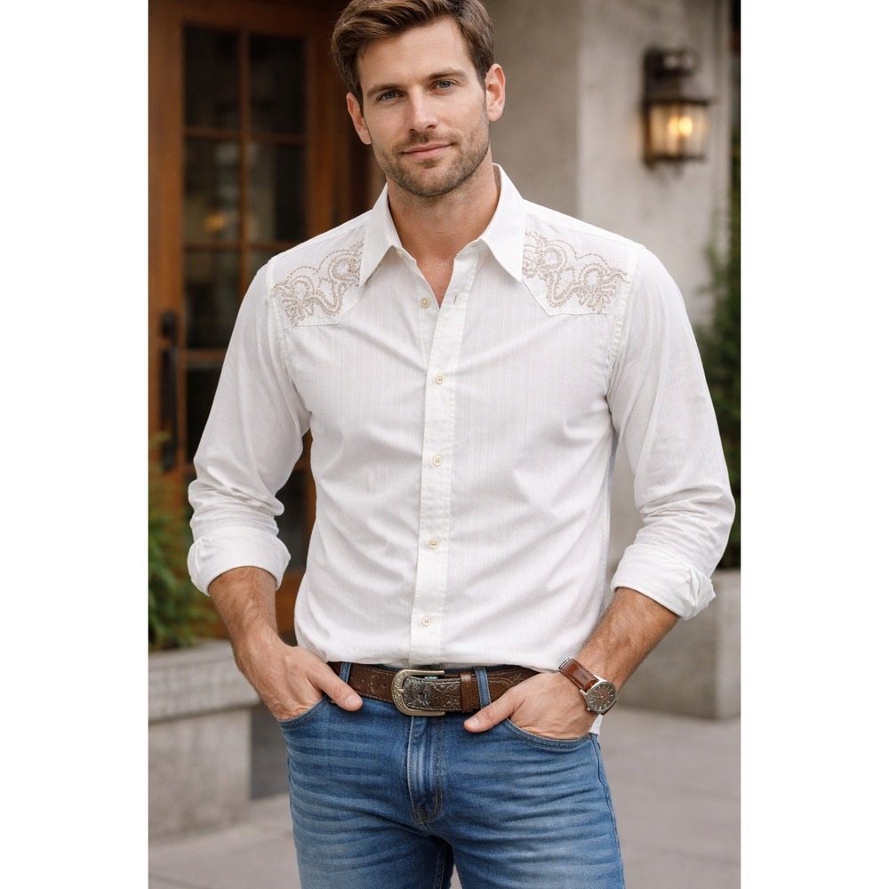 GUESS Vtg Men's White Western Embroidered Long Sleeve Button Down Shirt L Cowboy